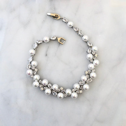 Inga - Pearl and Cubic Zirconia Bridal Bracelet - Available in Gold and Silver