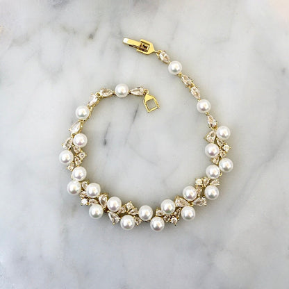 Inga - Pearl and Cubic Zirconia Bridal Bracelet - Available in Gold and Silver