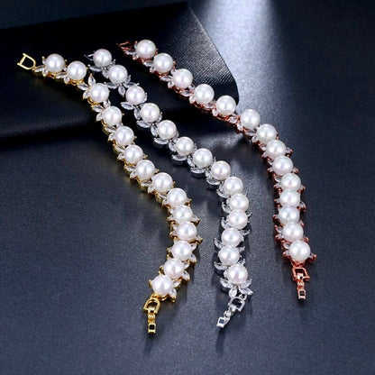 Farrah - Pearl and Cubic Zirconia Bridal Bracelet - Available in Silver, Rose Gold and Yellow Gold
