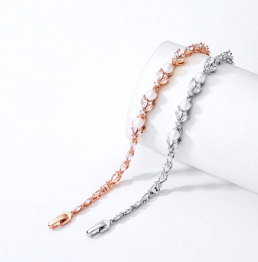 Senna - Pearl and Cubic Zirconia Bridal Bracelet - Available in Silver, Rose Gold and Yellow Gold