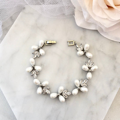 Adonna - Pearl and Cubic Zirconia Bridal Bracelet - Available in Silver and Gold