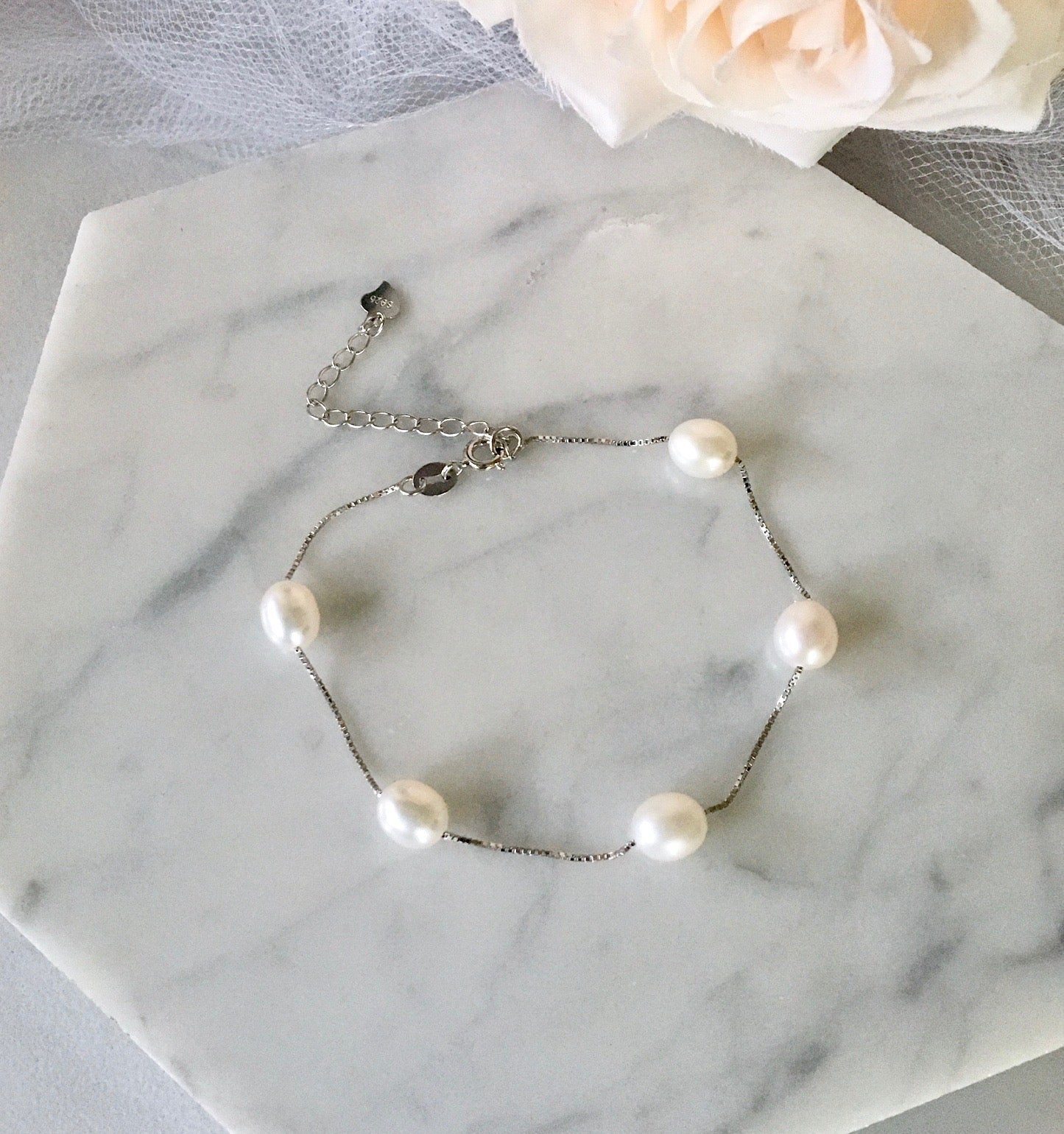 "Alegria" - Sterling Silver and Natural Pearl Bridal Bracelet - More Colors Available