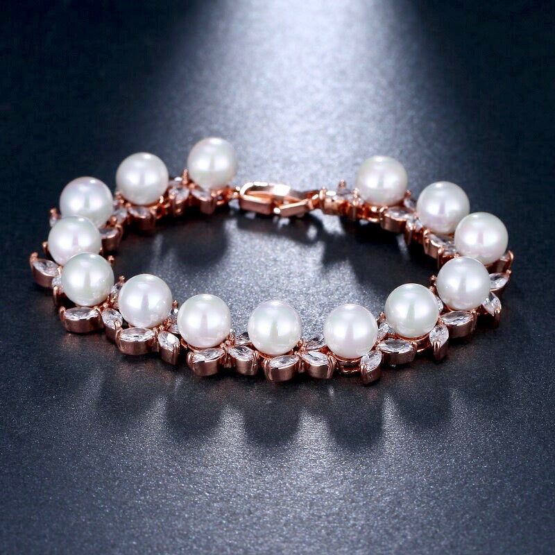 Farrah - Pearl and Cubic Zirconia Bridal Bracelet - Available in Silver, Rose Gold and Yellow Gold