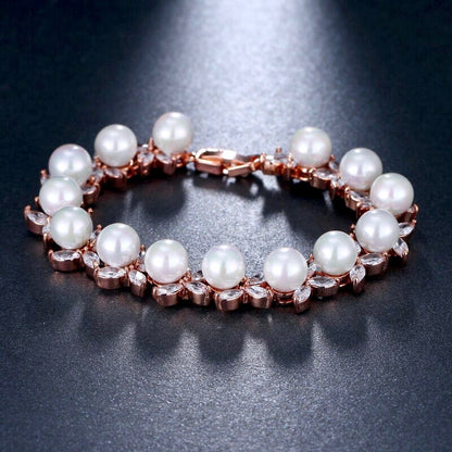 Farrah - Pearl and Cubic Zirconia Bridal Bracelet - Available in Silver, Rose Gold and Yellow Gold