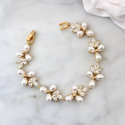 Adonna - Pearl and Cubic Zirconia Bridal Bracelet - Available in Silver and Gold