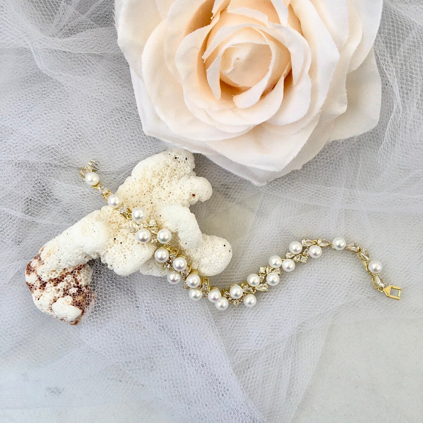 Inga - Pearl and Cubic Zirconia Bridal Bracelet - Available in Gold and Silver