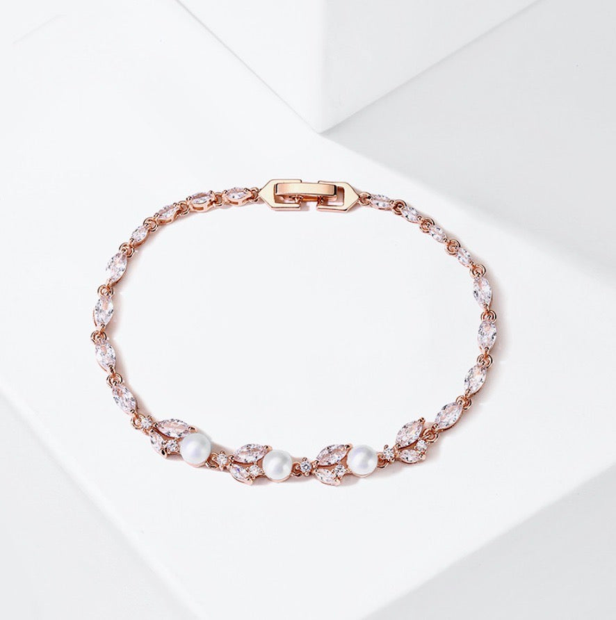 Senna - Pearl and Cubic Zirconia Bridal Bracelet - Available in Silver, Rose Gold and Yellow Gold