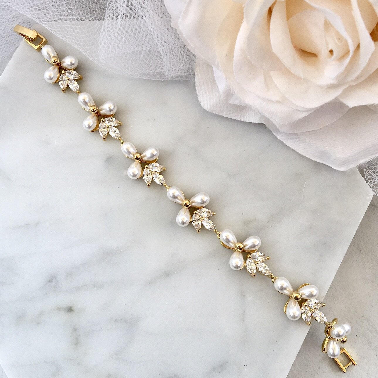 Adonna - Pearl and Cubic Zirconia Bridal Bracelet - Available in Silver and Gold