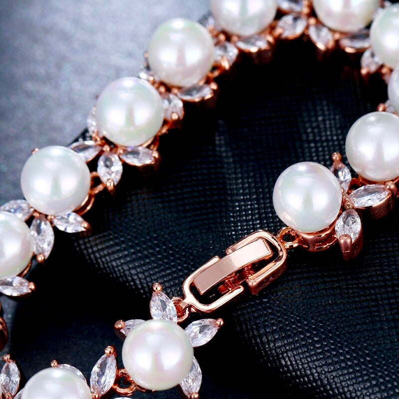 Farrah - Pearl and Cubic Zirconia Bridal Bracelet - Available in Silver, Rose Gold and Yellow Gold