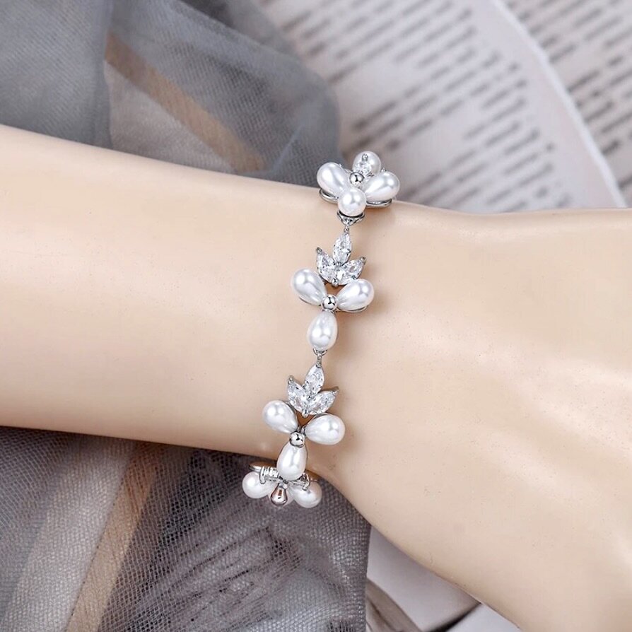 Adonna - Pearl and Cubic Zirconia Bridal Bracelet - Available in Silver and Gold