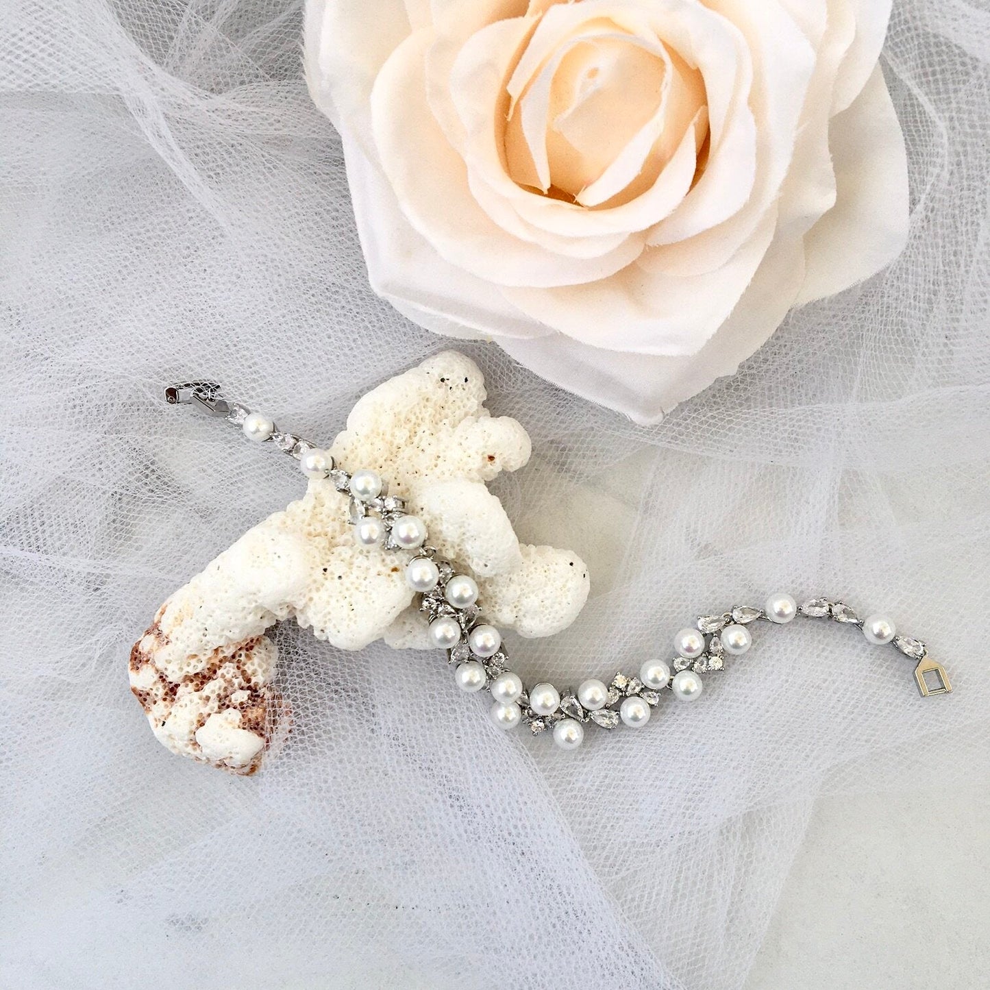 Inga - Pearl and Cubic Zirconia Bridal Bracelet - Available in Gold and Silver