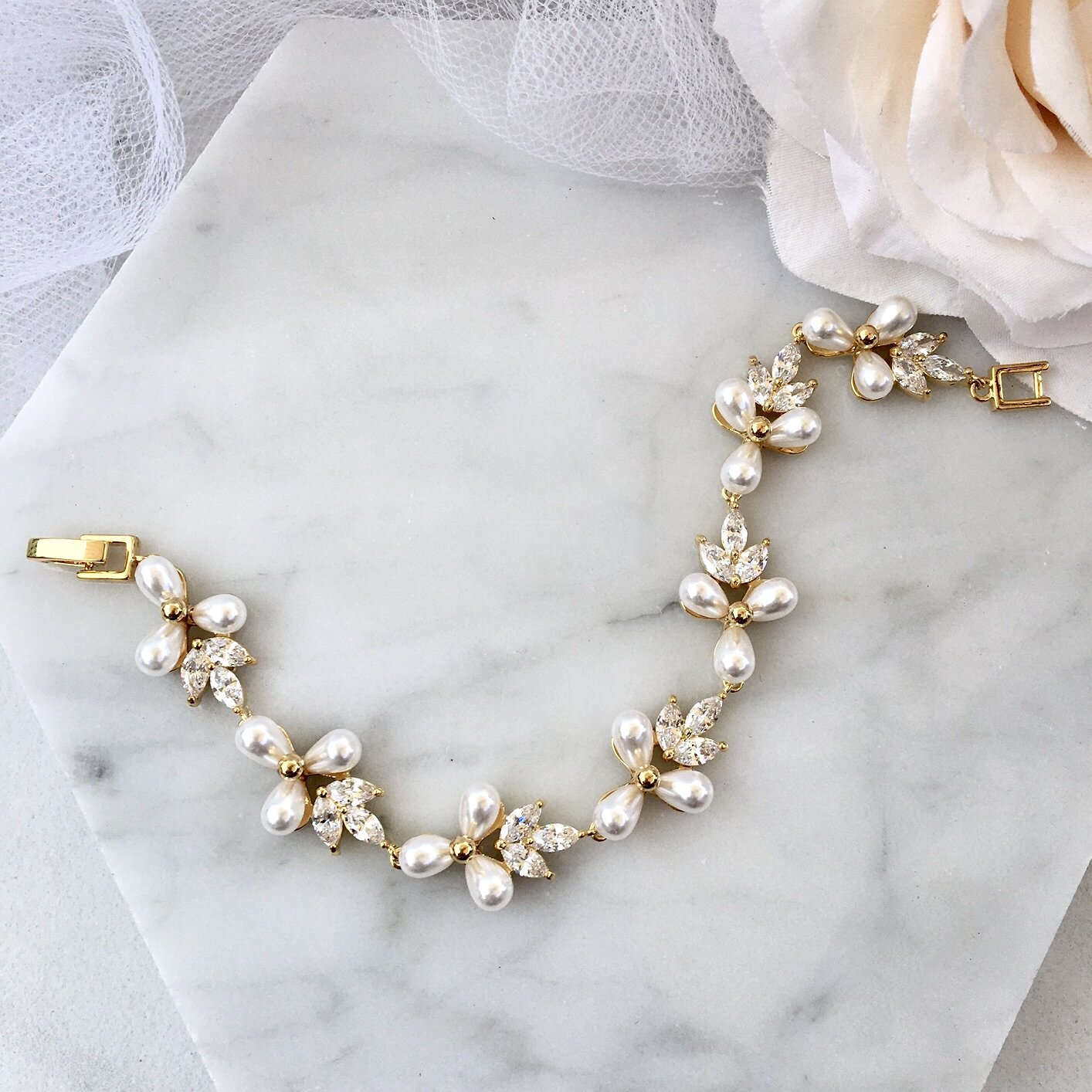 Adonna - Pearl and Cubic Zirconia Bridal Bracelet - Available in Silver and Gold