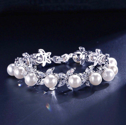 Farrah - Pearl and Cubic Zirconia Bridal Bracelet - Available in Silver, Rose Gold and Yellow Gold