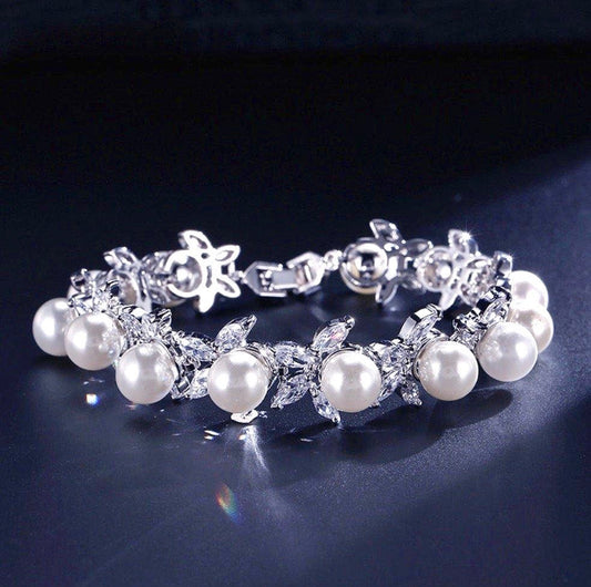 Farrah - Pearl and Cubic Zirconia Bridal Bracelet - Available in Silver, Rose Gold and Yellow Gold