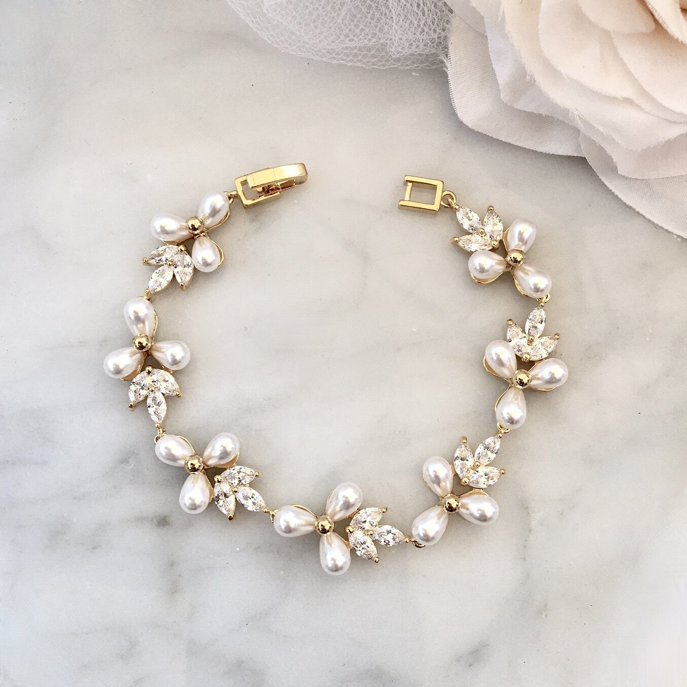 Adonna - Pearl and Cubic Zirconia Bridal Bracelet - Available in Silver and Gold