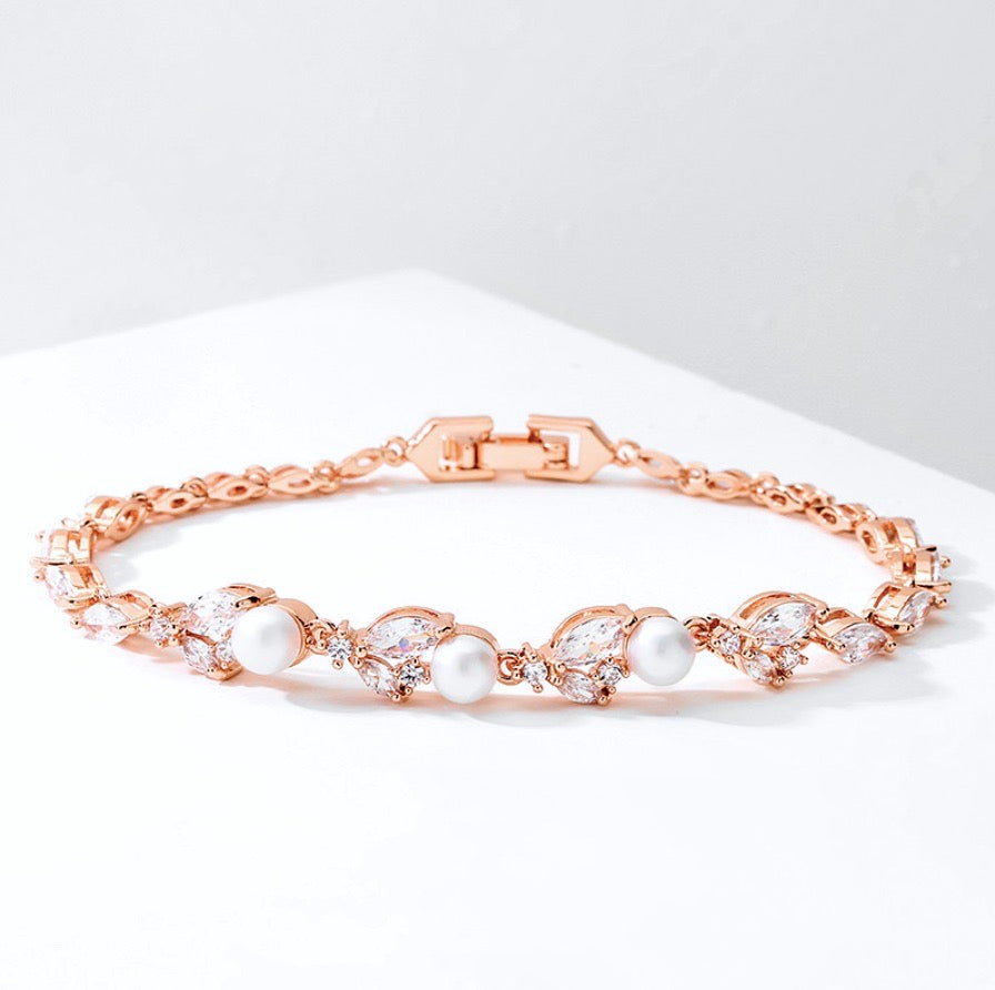 Senna - Pearl and Cubic Zirconia Bridal Bracelet - Available in Silver, Rose Gold and Yellow Gold