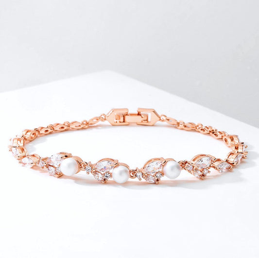 Senna - Pearl and Cubic Zirconia Bridal Bracelet - Available in Silver, Rose Gold and Yellow Gold