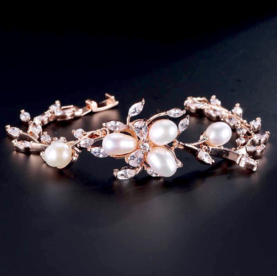 Anna - Freshwater Pearl and Cubic Zirconia Bridal Bracelet - Available in Silver, Rose Gold and Yellow Gold