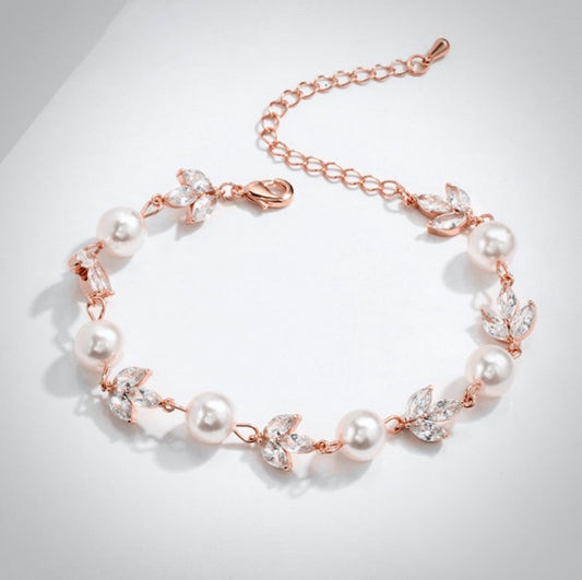 Perla - Pearl and Cubic Zirconia Bridal Bracelet - Available in Silver, Rose Gold and Yellow Gold