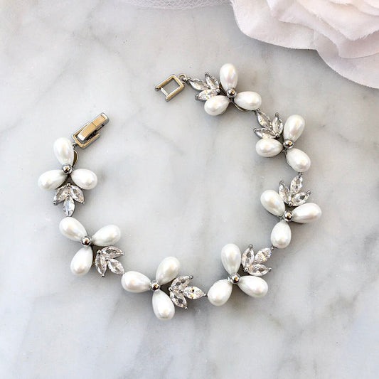 Adonna - Pearl and Cubic Zirconia Bridal Bracelet - Available in Silver and Gold