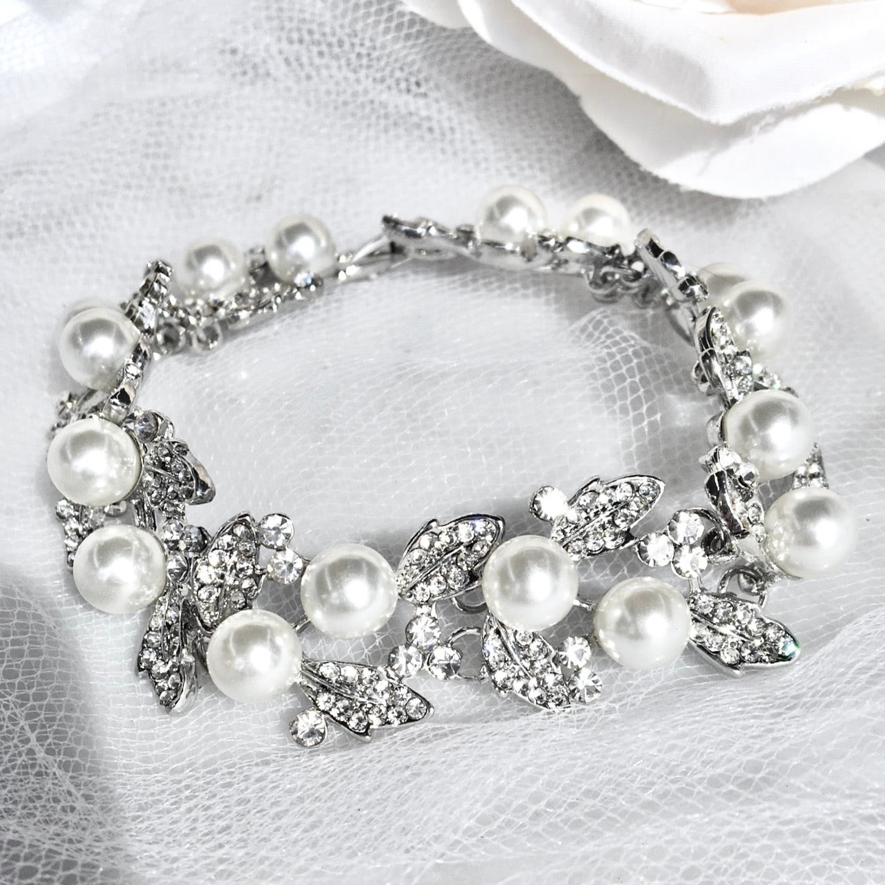 Sidra - Pearl and Rhinestone Bridal Bracelet - Available in Silver and Gold