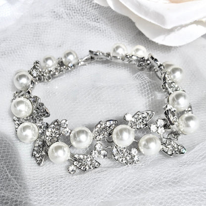 Sidra - Pearl and Rhinestone Bridal Bracelet - Available in Silver and Gold