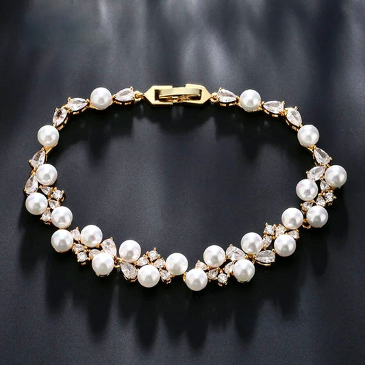 Inga - Pearl and Cubic Zirconia Bridal Bracelet - Available in Gold and Silver