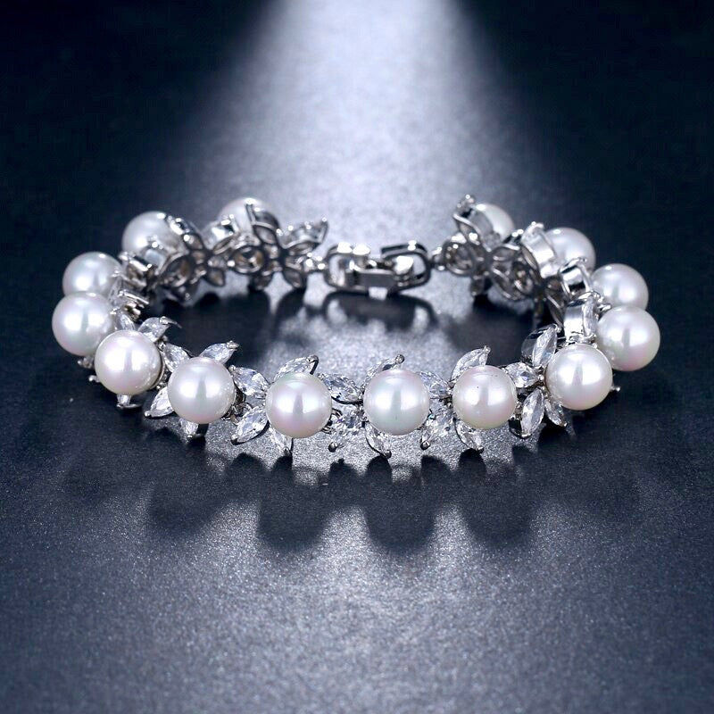 Farrah - Pearl and Cubic Zirconia Bridal Bracelet - Available in Silver, Rose Gold and Yellow Gold