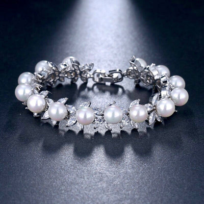 Farrah - Pearl and Cubic Zirconia Bridal Bracelet - Available in Silver, Rose Gold and Yellow Gold