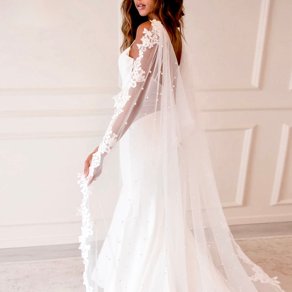 Fiona - Wedding Pearl Cape Veil - Cathedral Length