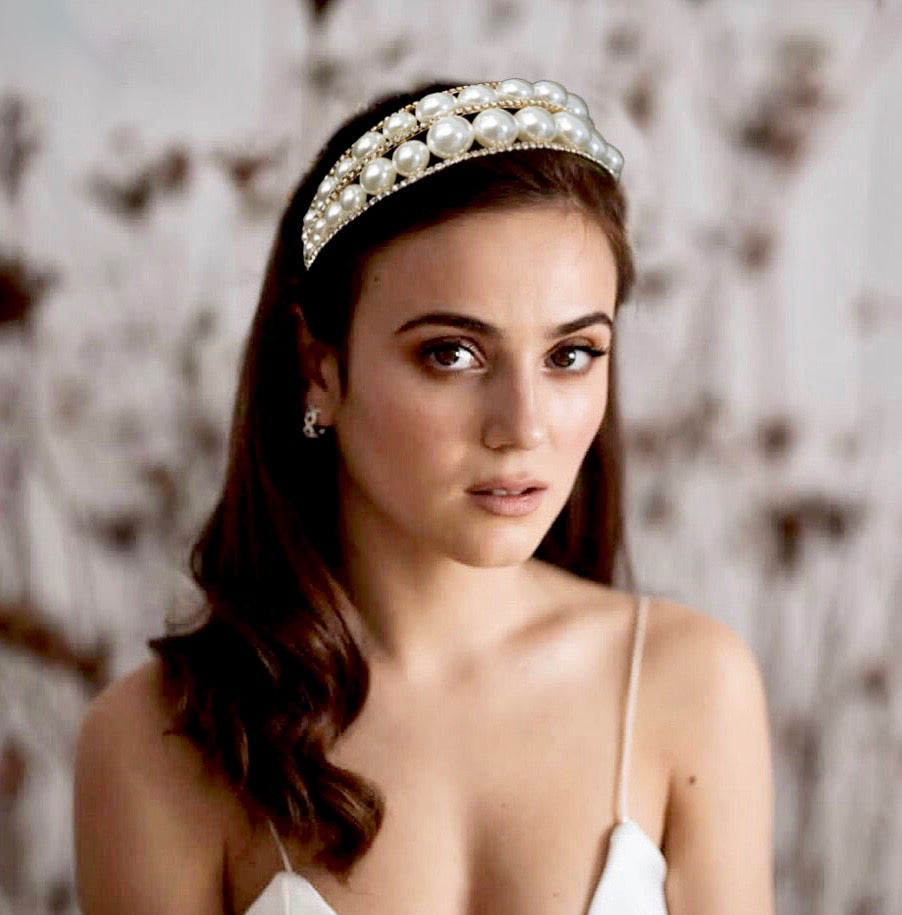 Barcelona - Oversized Double Pearl Bridal Headband / Tiara - Available in Silver and Gold