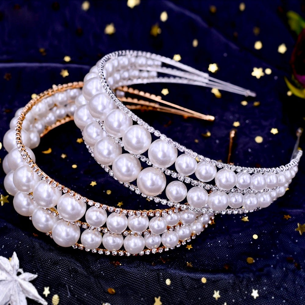 Barcelona - Oversized Double Pearl Bridal Headband / Tiara - Available in Silver and Gold