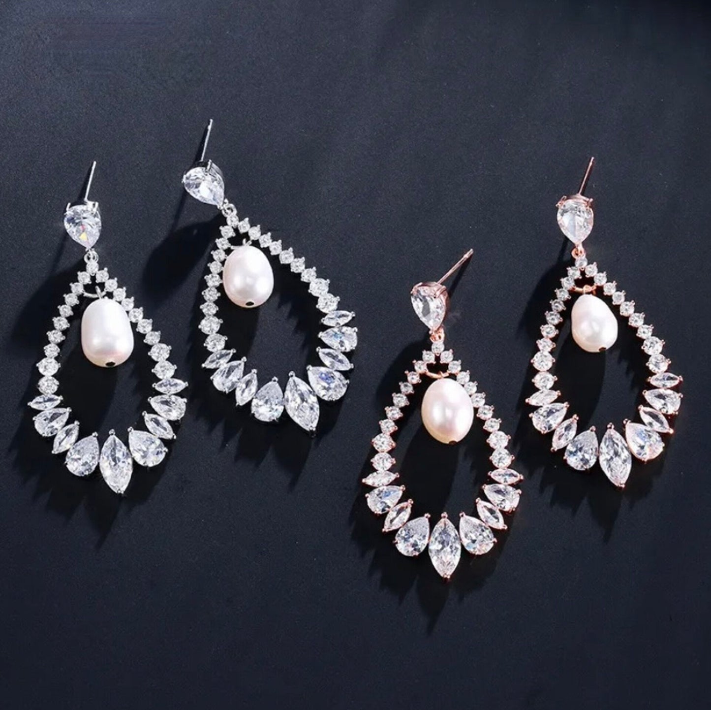 Kaitlynn - Pearl and Cubic Zirconia Bridal Earrings - Available in Silver and Rose Gold