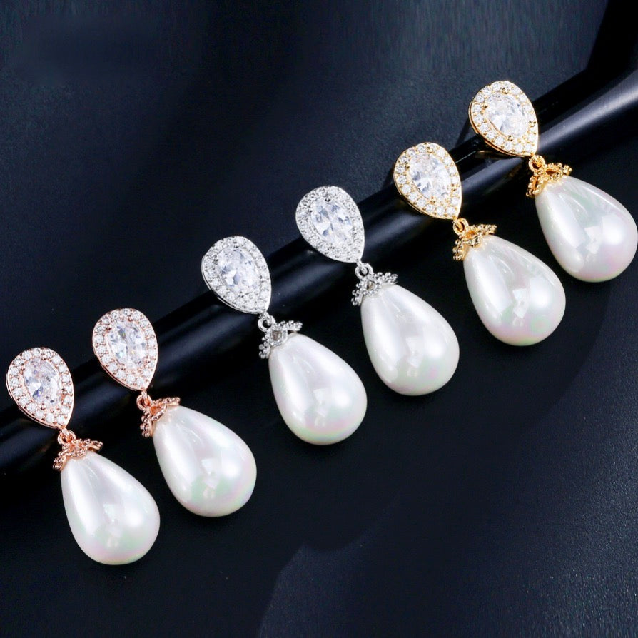 Kendalyn - Pearl and Cubic Zirconia Bridal Earrings - Available in Silver, Rose Gold and Yellow Gold
