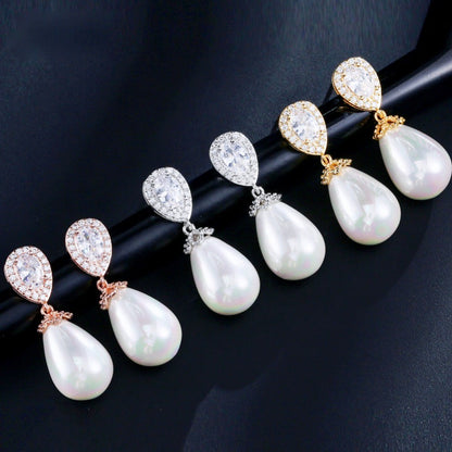 Kendalyn - Pearl and Cubic Zirconia Bridal Earrings - Available in Silver, Rose Gold and Yellow Gold