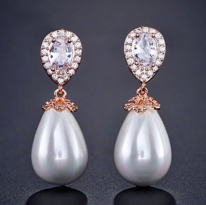 Kendalyn - Pearl and Cubic Zirconia Bridal Earrings - Available in Silver, Rose Gold and Yellow Gold