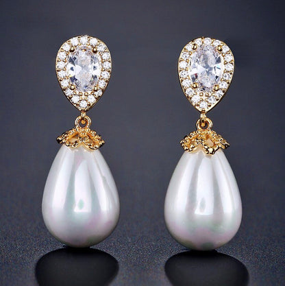 Kendalyn - Pearl and Cubic Zirconia Bridal Earrings - Available in Silver, Rose Gold and Yellow Gold