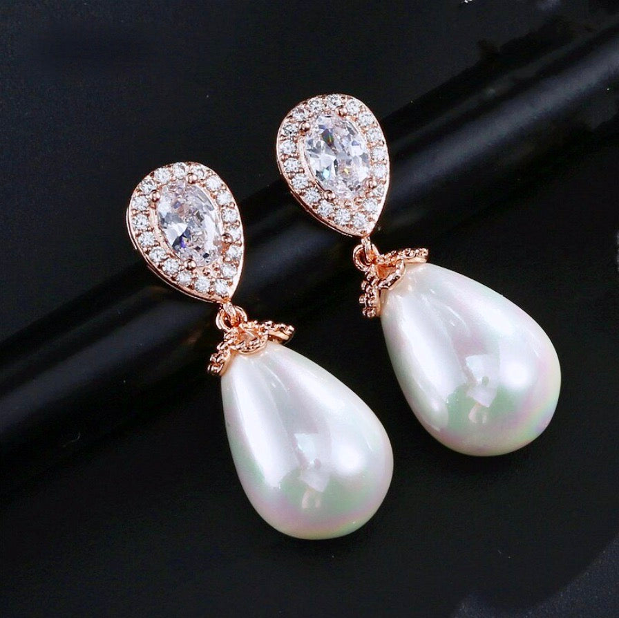 Kendalyn - Pearl and Cubic Zirconia Bridal Earrings - Available in Silver, Rose Gold and Yellow Gold