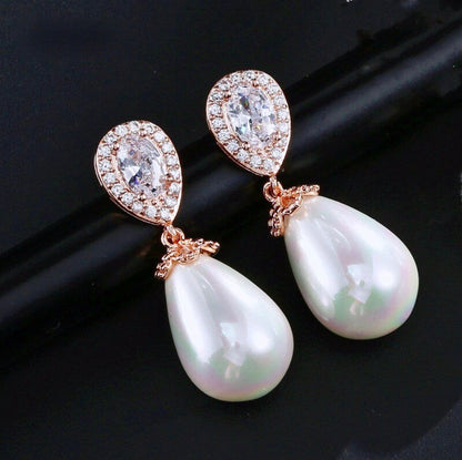 Kendalyn - Pearl and Cubic Zirconia Bridal Earrings - Available in Silver, Rose Gold and Yellow Gold