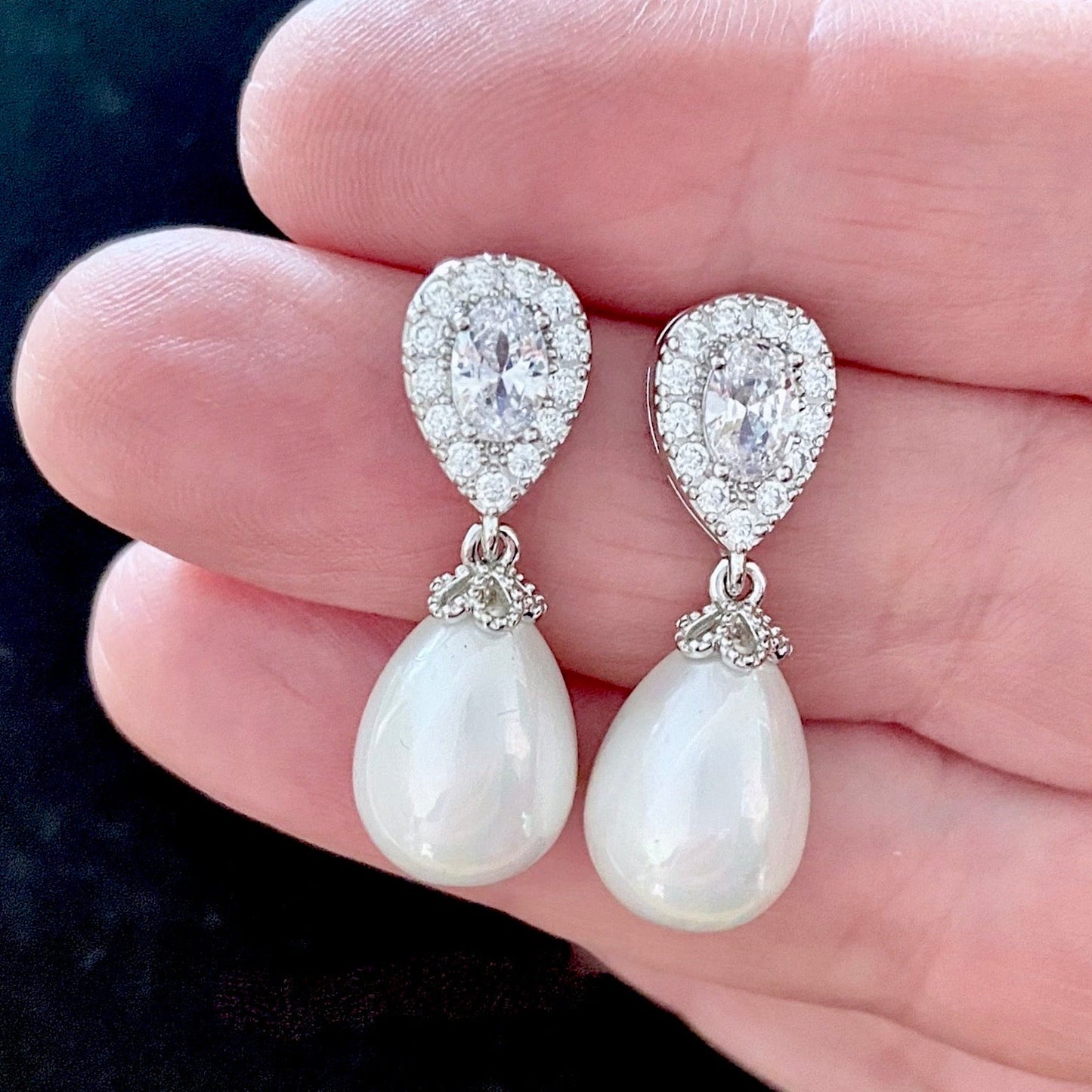 Kendalyn - Pearl and Cubic Zirconia Bridal Earrings - Available in Silver, Rose Gold and Yellow Gold