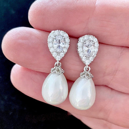 Kendalyn - Pearl and Cubic Zirconia Bridal Earrings - Available in Silver, Rose Gold and Yellow Gold