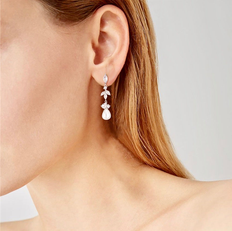 Senna - Pearl and Cubic Zirconia Bridal Earrings - Available in Rose Gold and Silver