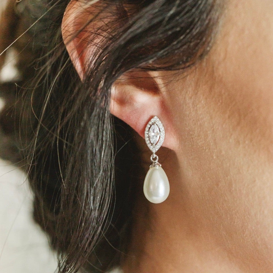 Dani - Pearl and Cubic Zirconia Bridal Earrings - Available in Silver, Rose Gold and Yellow Gold