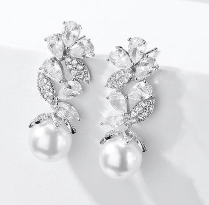 Almera - Pearl and Cubic Zirconia Bridal Earrings - Available in Rose Gold and Silver