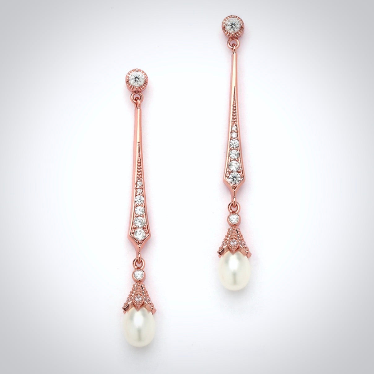 Cece - Art Deco Pearl and CZ Bridal Earrings - Available in Silver, Rose Gold and Yellow Gold