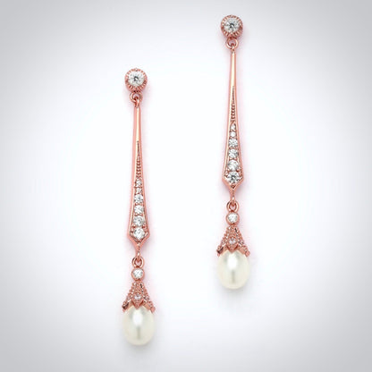 Cece - Art Deco Pearl and CZ Bridal Earrings - Available in Silver, Rose Gold and Yellow Gold