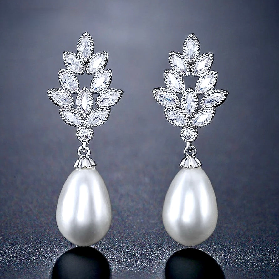 "Matilda" - Pearl and Cubic Zirconia Bridal Earrings - Available in Gold, Silver and Rose Gold