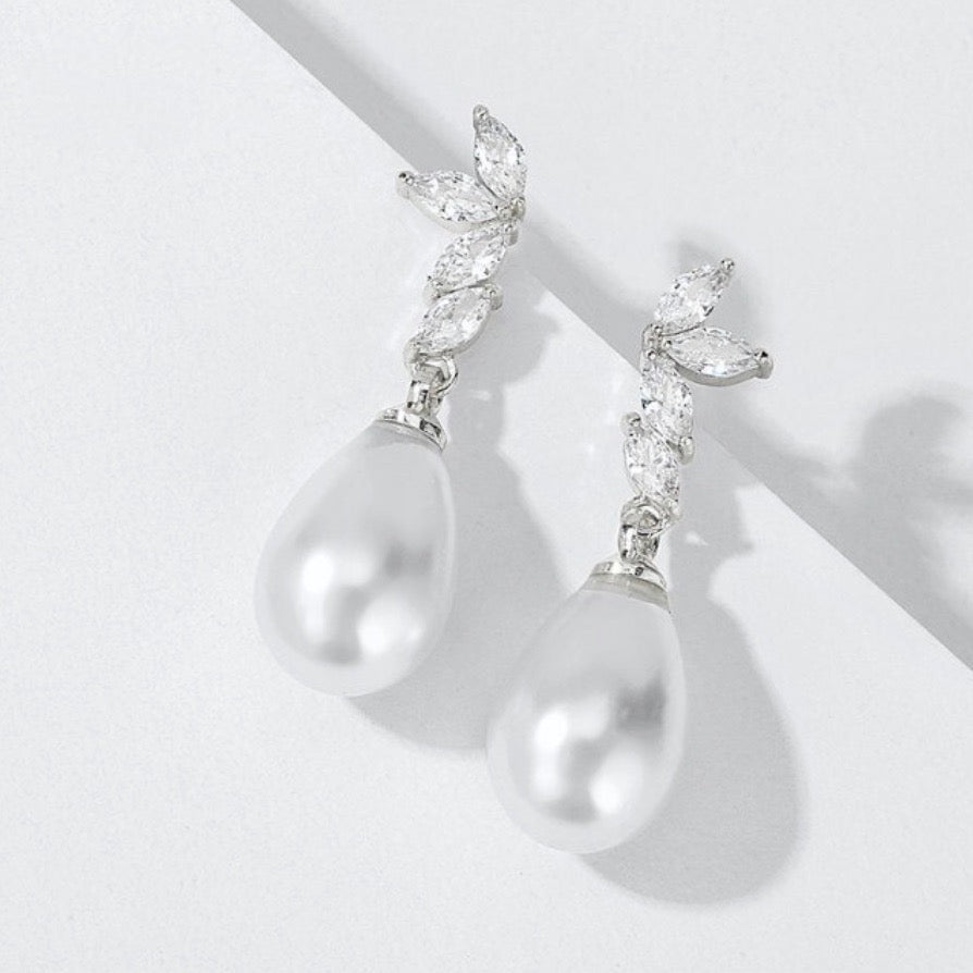 Renata - Pearl and Cubic Zirconia Bridal Earrings - Available in Silver, Rose Gold and Yellow Gold