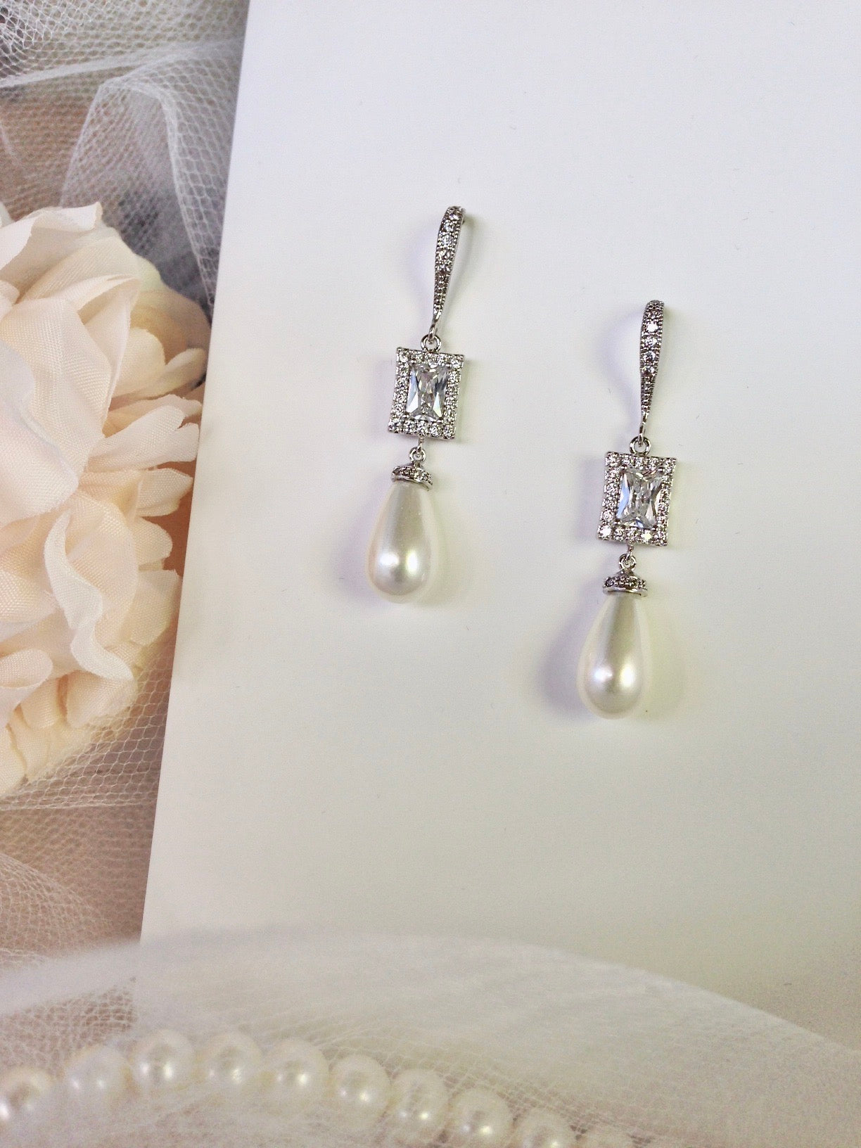 "Juno" - Pearl and CZ Bridal Earrings - Available in Silver and Yellow Gold