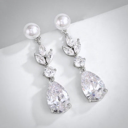 Perla - Pearl and Cubic Zirconia Bridal Earrings - Available in Silver, Rose Gold and Yellow Gold